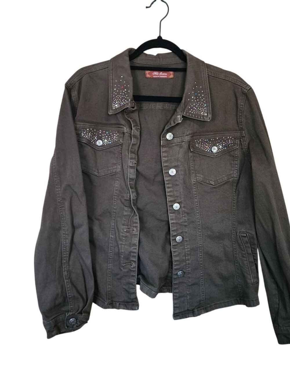 Mu Jeans Denim Jean Jacket Olive Green Bling Womens